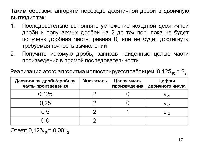 17 Последовательно выполнять умножение исходной десятичной дроби и получаемых дробей на 2 до тех